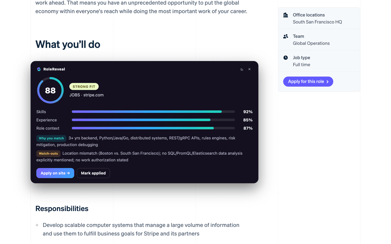 RoleReveal fit-score panel on a live job posting